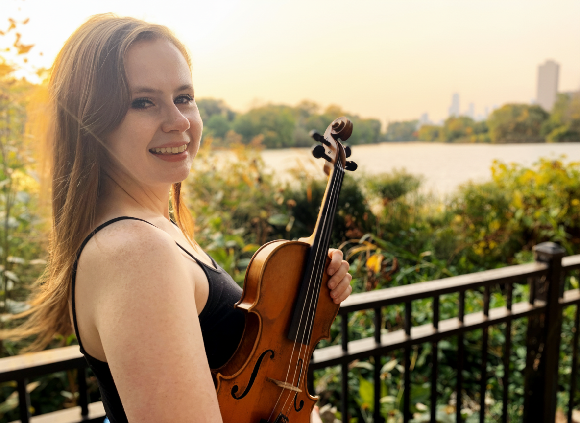 Meghan Faw smiling, holding her violin outdoors at golden hour